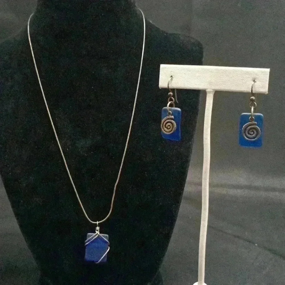 Sterling Silver and Blue Glass Necklace and Earrings Set
